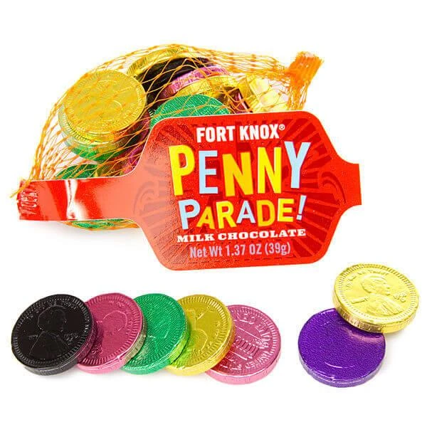 Assorted Colors Foiled Milk Chocolate Penny Parade Coins In Mesh Bags: 20-Piece Box 1 Assorted Colors Foiled Milk Chocolate Penny Parade Coins In Mesh Bags: 20-Piece Box