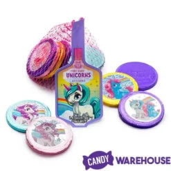 Rainbow Unicorn Foiled Milk Chocolate Coins In Mesh Bags: 18-Piece Box -Candy Promotion Sale rainbow unicorn foiled milk chocolate coins in mesh bags 18 piece box candy warehouse 3