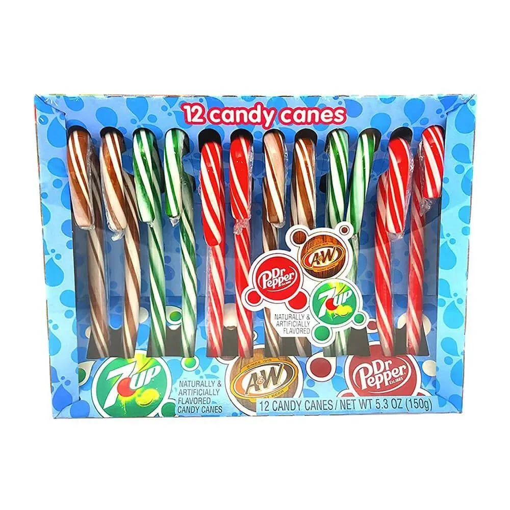 Soda Pop Candy Canes - Dr. Pepper, 7-Up, And A&W: 12-Piece Box 1 Soda Pop Candy Canes - Dr. Pepper, 7-Up, And A&W: 12-Piece Box